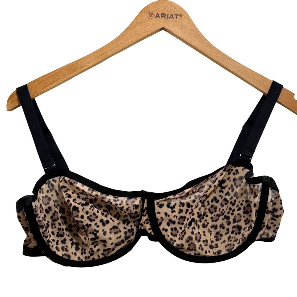 CUUP The Balconette Bra Leopard Print Sheer Mesh Underwire 36D Tan Black